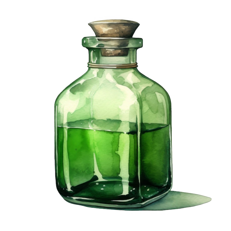 PSD una botella de vidrio verde con una tapa de corcho llena de un líquido verde