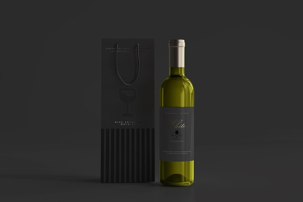 Botella de vino blanco con maqueta de bolsa