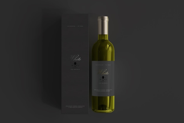 Botella de vino blanco con maqueta de caja