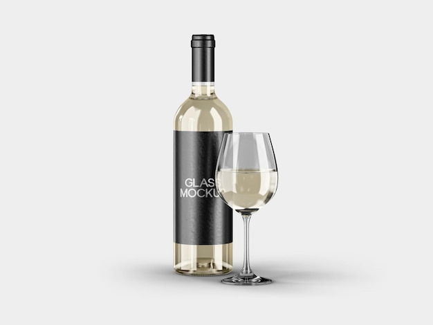 Botella de vino blanco y maqueta de vidrio
