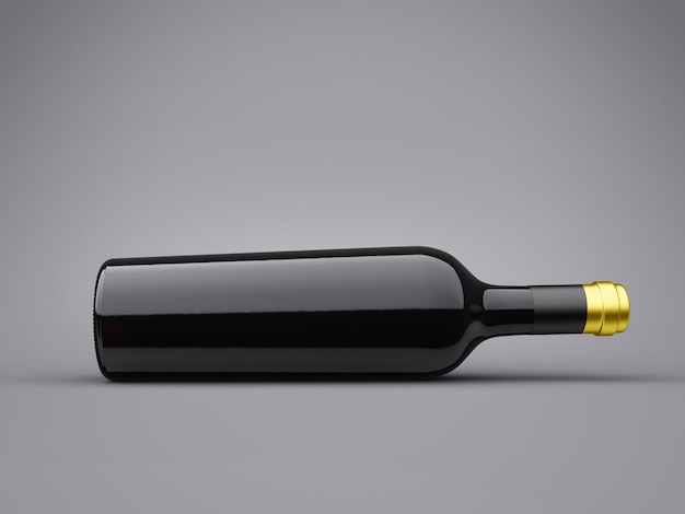 Botella de vino negro de vidrio con etiqueta dorada vacía con su logotipo sobre fondo oscuro abstracto