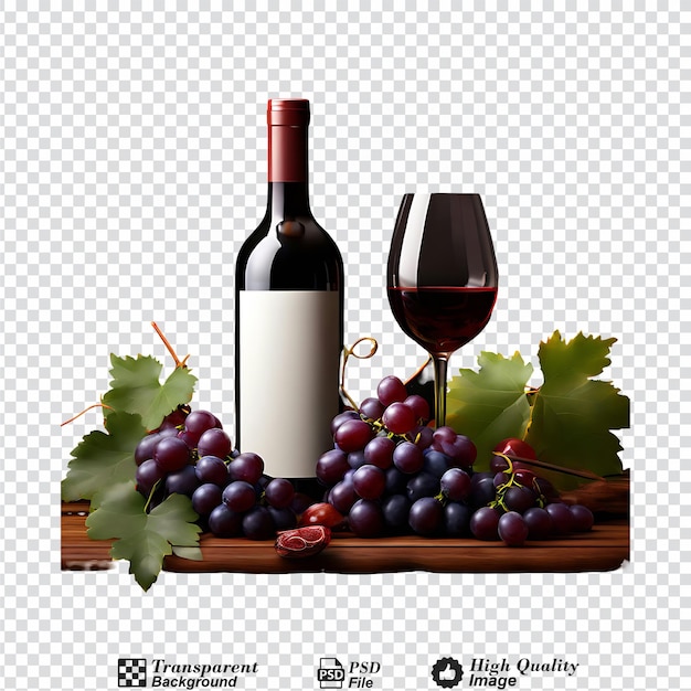 Botella de vino rojo con uvas de vino aisladas sobre un fondo transparente