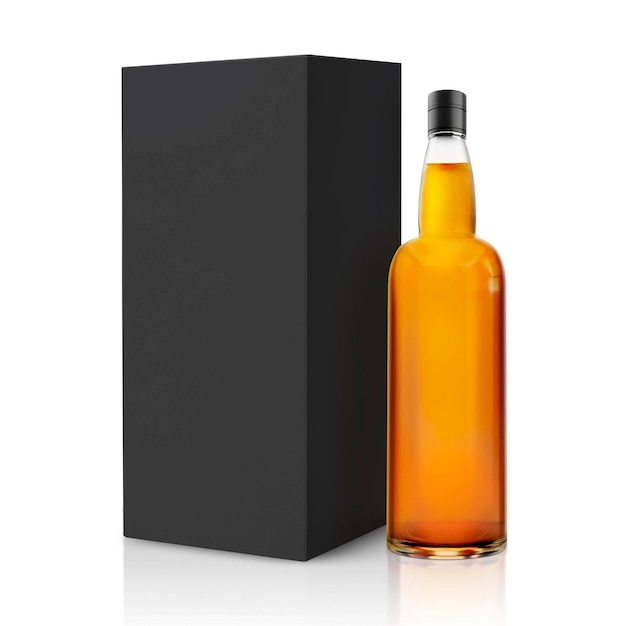 Botella de whisky con embalaje de caja de papel de fondo transparente