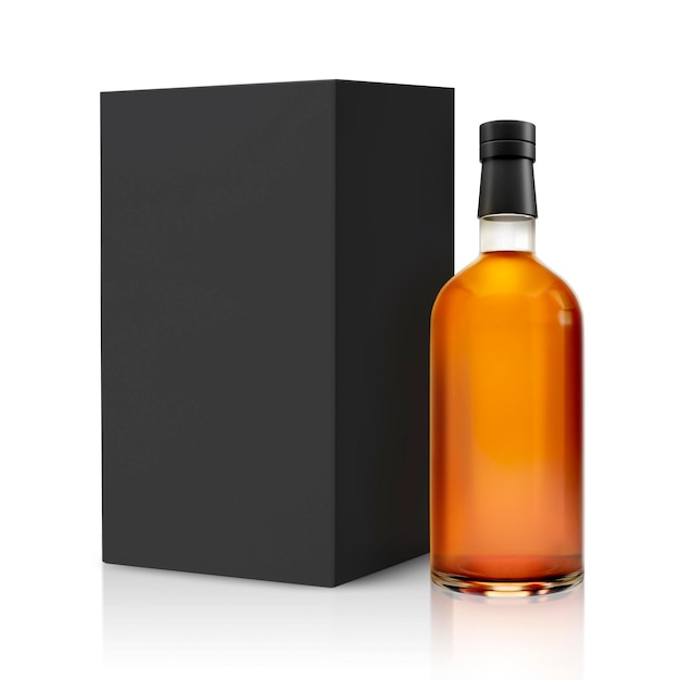 PSD botella de whisky con embalaje de caja de papel de fondo transparente