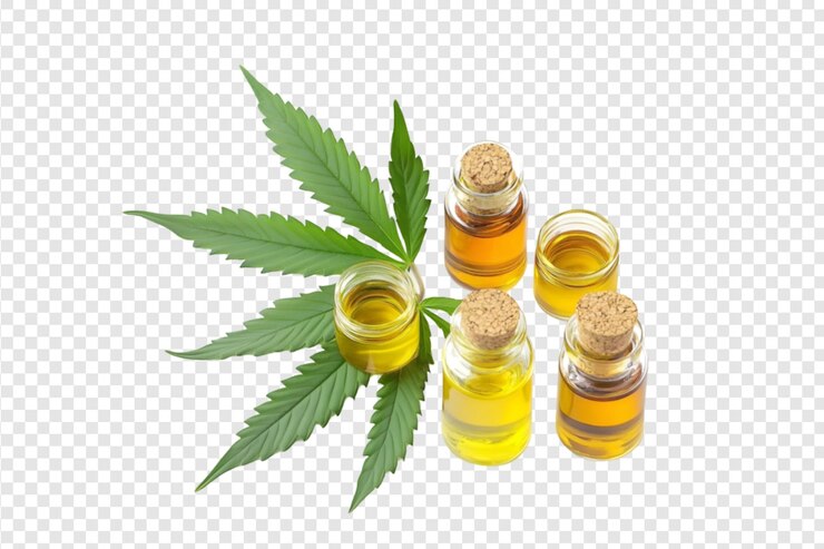 PSD botellas de aceite de cbd con hojas de cannabis aisladas sobre un fondo transparente
