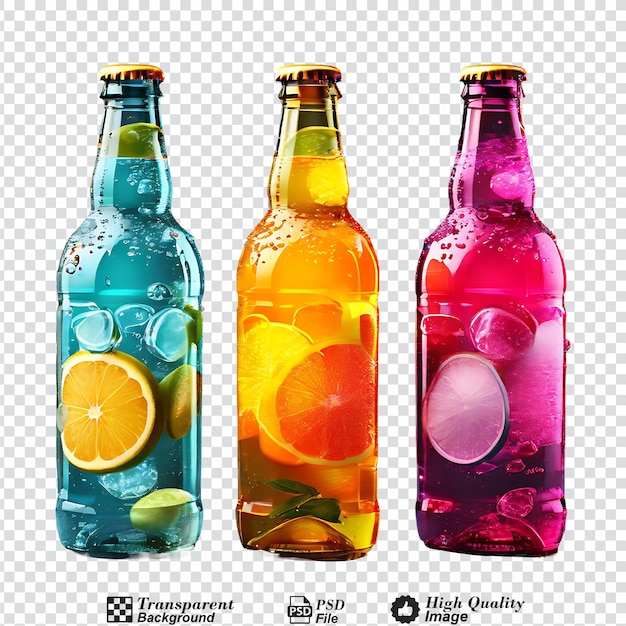 PSD botellas con bebidas de colores y etiquetas en blanco modelo aislado sobre un fondo transparente