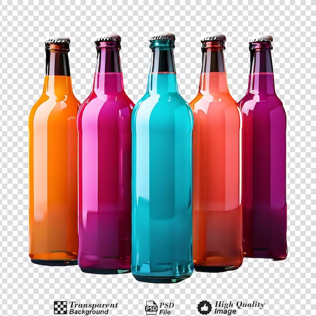 PSD botellas con bebidas de colores y etiquetas en blanco modelo aislado sobre un fondo transparente