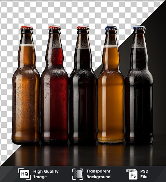 PSD botellas de cerveza fotográficas realistas de psd transparentes de alta calidad una colección de botellas marrones y de vidrio dispuestas en una mesa brillante
