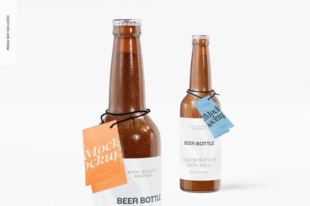 Botellas de cerveza con maqueta de etiqueta plegable, primer plano