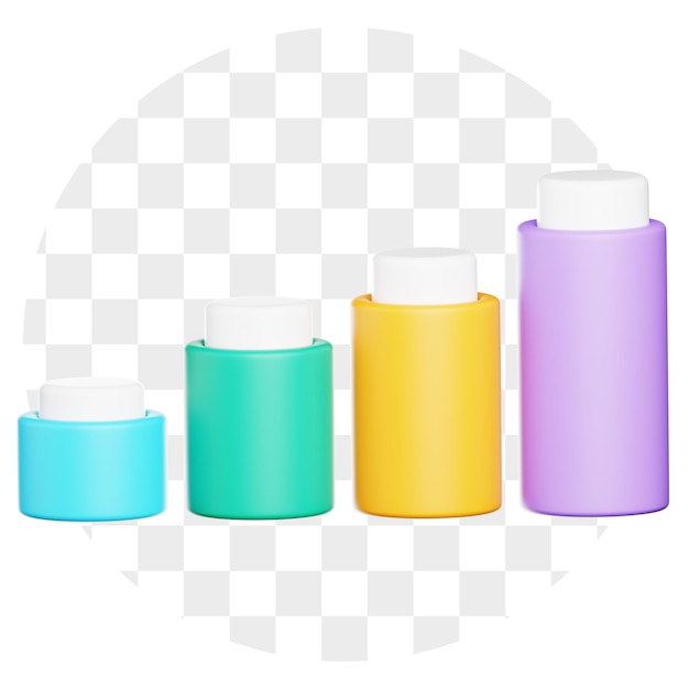 Botellas cosméticas de colores en renderizado en 3D