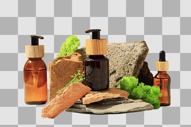 Botellas para el cuidado de la piel con acentos naturales aislados en PNG blanco