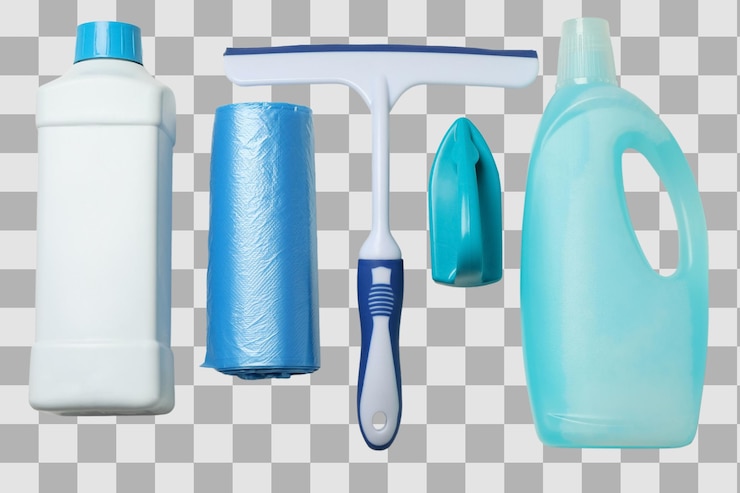 PSD botellas de detergente de limpieza de primavera bolsas de basura cepillo y limpiador de vidrio aislados en un fondo blanco vista superior png