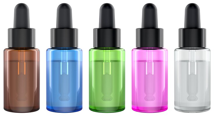 PSD botellas gotero de colores de vidrio para productos cosméticos o médicos con representación 3d de fondo transparente