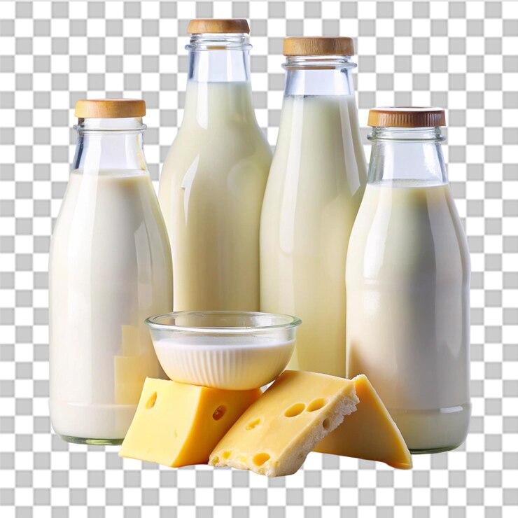 PSD botellas de leche y queso aisladas sobre un fondo transparente