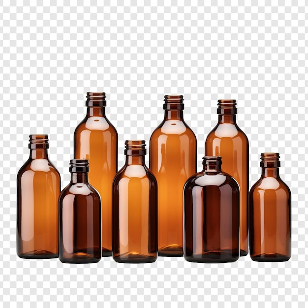 Botellas médicas vacías de vidrio marrón aisladas sobre un fondo transparente