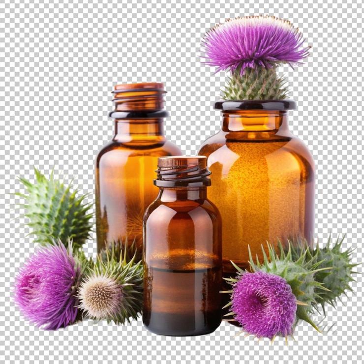 PSD botellas de medicina con flores de cardo