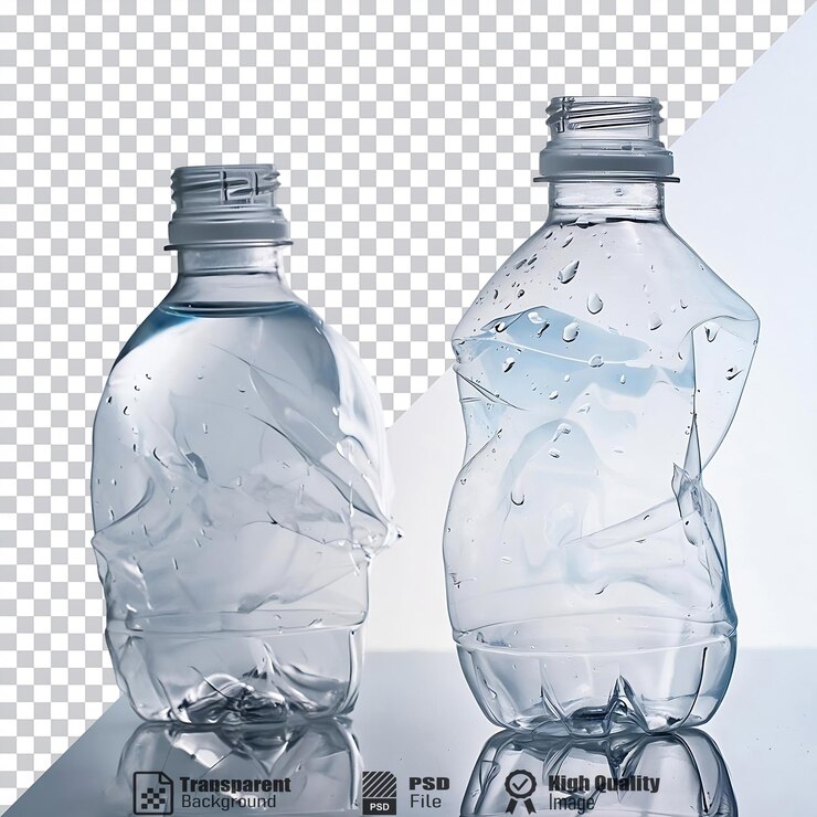 PSD botellas de plástico agrietadas con gotas de agua en una superficie reflectante