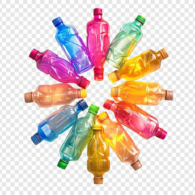 Botellas de plástico de colores dispuestas en círculo
