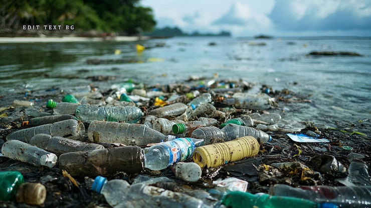 PSD botellas de plástico y escombros ensucian una playa tropical contaminando el océano