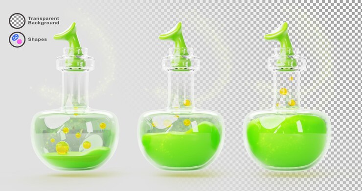 PSD botellas con poción mágica verde alquimia elixir o veneno de bruja 3d render iones conjunto frascos de vidrio con burbujas de oro líquido tóxico y ondas de viento brillante remolino activos del juego fantasy ui