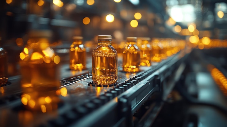 PSD las botellas de producto líquido se mueven a lo largo de una cinta transportadora automatizada en un entorno de fábrica