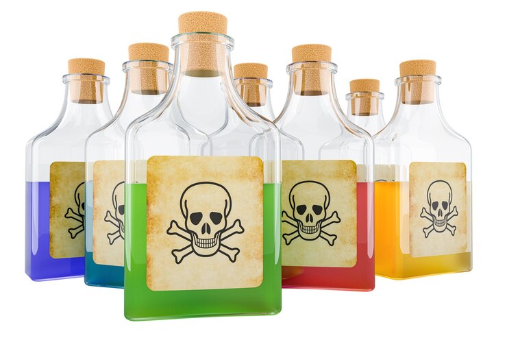 PSD botellas de veneno con renderización 3d de líquido coloreado aisladas sobre un fondo transparente