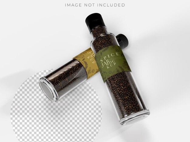 Botellas de vidrio 3D realistas molino de granos de pimienta maqueta de molino de pimiento aislado en el fondo recipiente de botella de especias de cocina utilizado para la presentación de anuncios de marca promoción o colocar el diseño de su producto