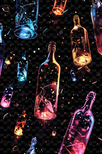 Botellas de vidrio luminosas suspendidas collaje de vidrio destrozado tex y2k forma de textura arte de decoración de fondo