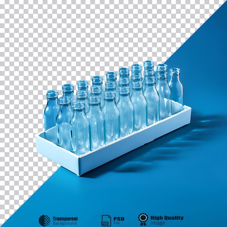 PSD botellas de vidrio transparente en envases aislados