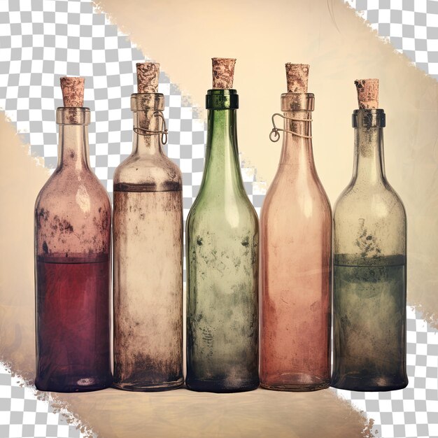 Botellas de vino envejecidas de pie solas con fondo transparente