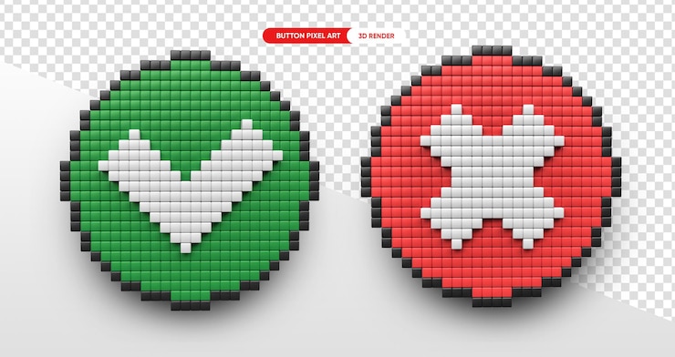 PSD botón correcto e incorrecto en pixel art 3d render con fondo transparente