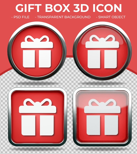 Botón de cristal rojo realista icono de caja de regalo 3d redondo y cuadrado brillante