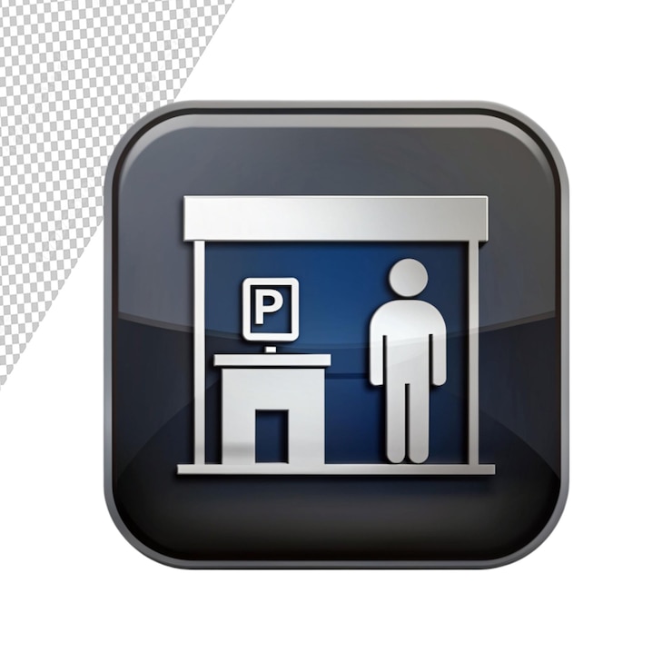 PSD botón cuadrado negro con cabina de estacionamiento y cajero en fondo transparente