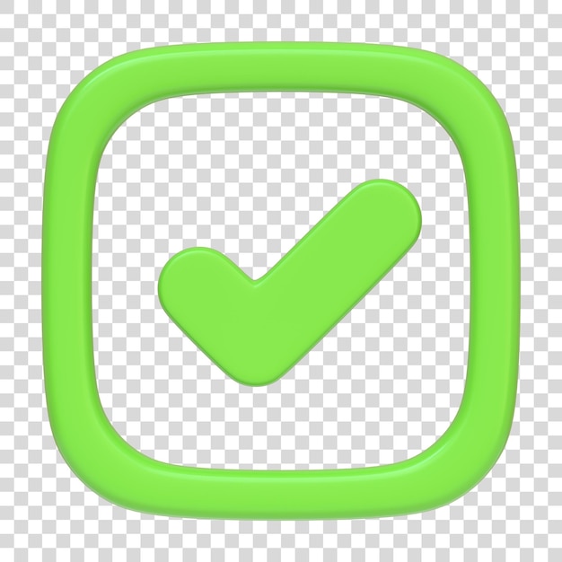 PSD botón cuadrado redondeado verde con marca de comprobación aislada en un fondo blanco signo y símbolo de icono 3d