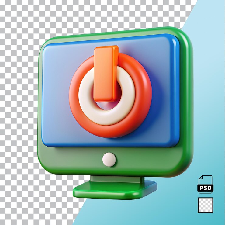 PSD un botón de encendido en el monitor de la computadora de estilo 3d aislado en un fondo en blanco