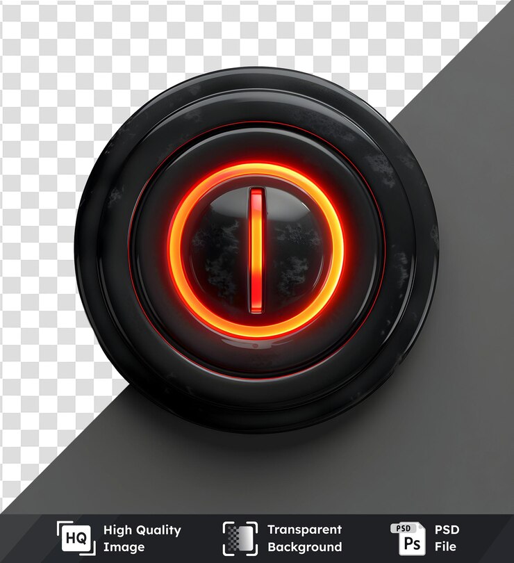 PSD botón de encendido naranja brillante en fondo circular negro renderización 3d del elemento de interfaz futurista