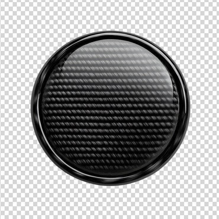 PSD botón redondo de fibra de carbono 3d aislado sobre un fondo transparente