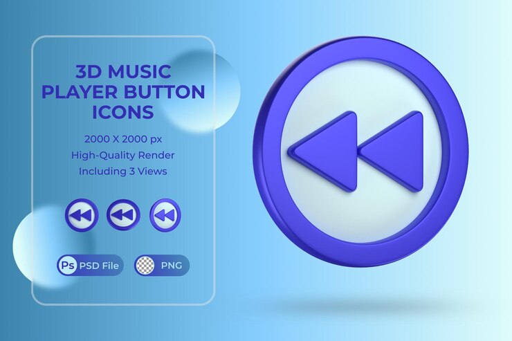 PSD botón de retroceso rápido en ilustración 3d o icono para reproductor de música