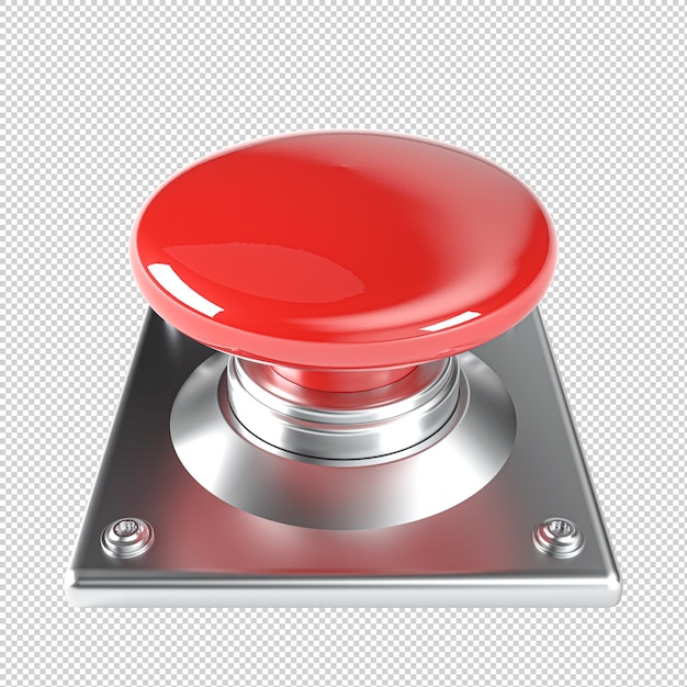 Botón rojo brillante en una base metálica con fondo transparente