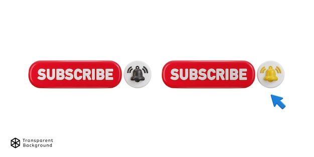 Botón de suscripción con icono de notificación de campana establecido concepto de renderizado 3D de clic en canal de suscripción