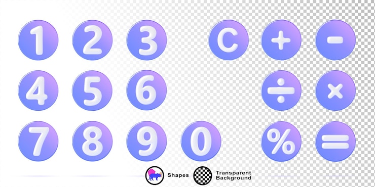 PSD los botones de la calculadora redonda holográfica en 3d de vidrio se establecen los números de gradiente de 0 a 9 y los símbolos de operaciones matemáticas la suma, la resta, la multiplicación, la división, la marca de porcentaje, el signo limpio