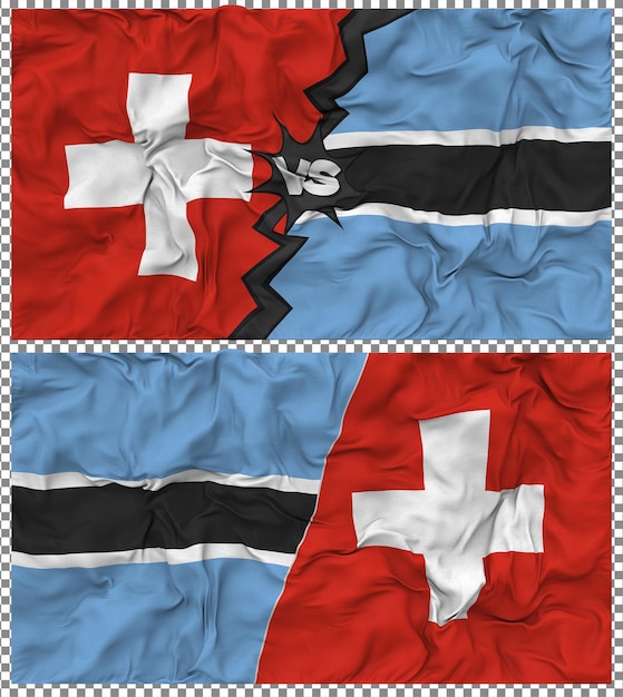 Botswana gegen Schweiz Halbkombinierte Flagge Stoff-Bump-Textur 3D-Rendering