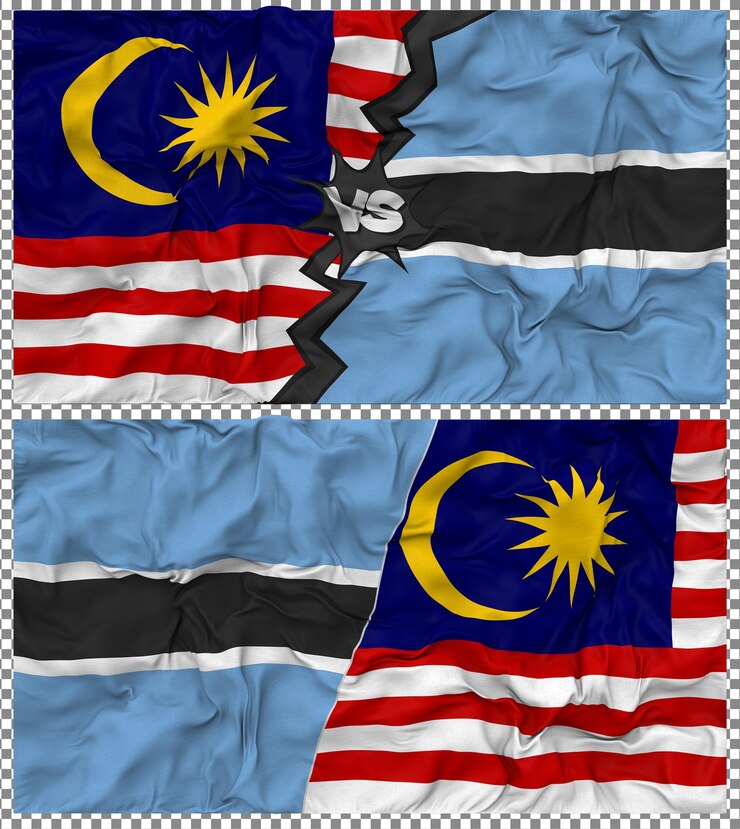 PSD botswana vs malaysia half combined flag cloth bump texture 3d rendering