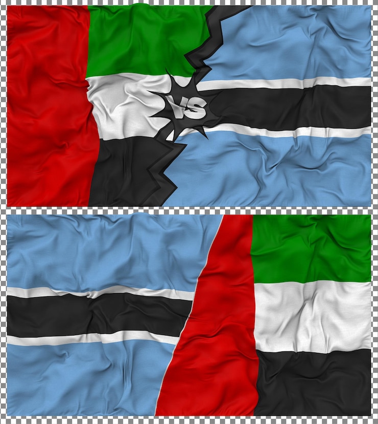 PSD botswana vs united arab emirates half combined flag cloth bump texture 3d rendering