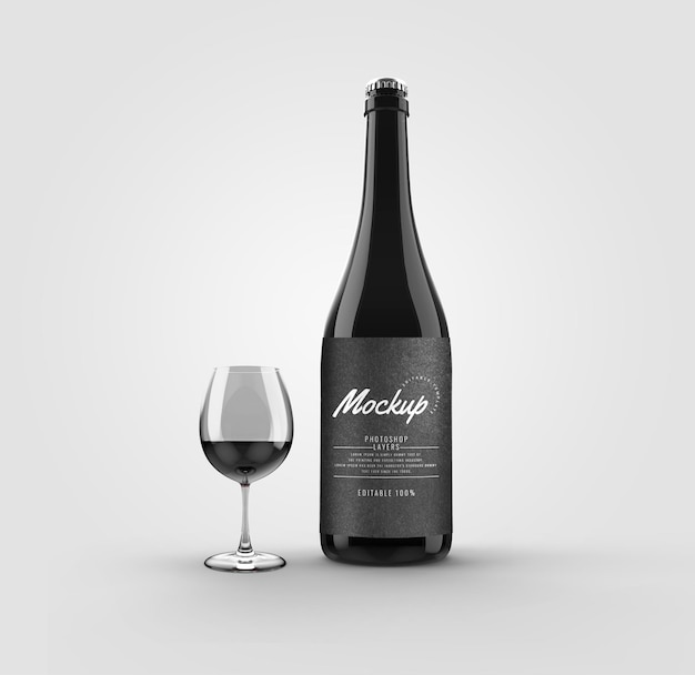 Bottiglia con mockup di bicchiere di vino