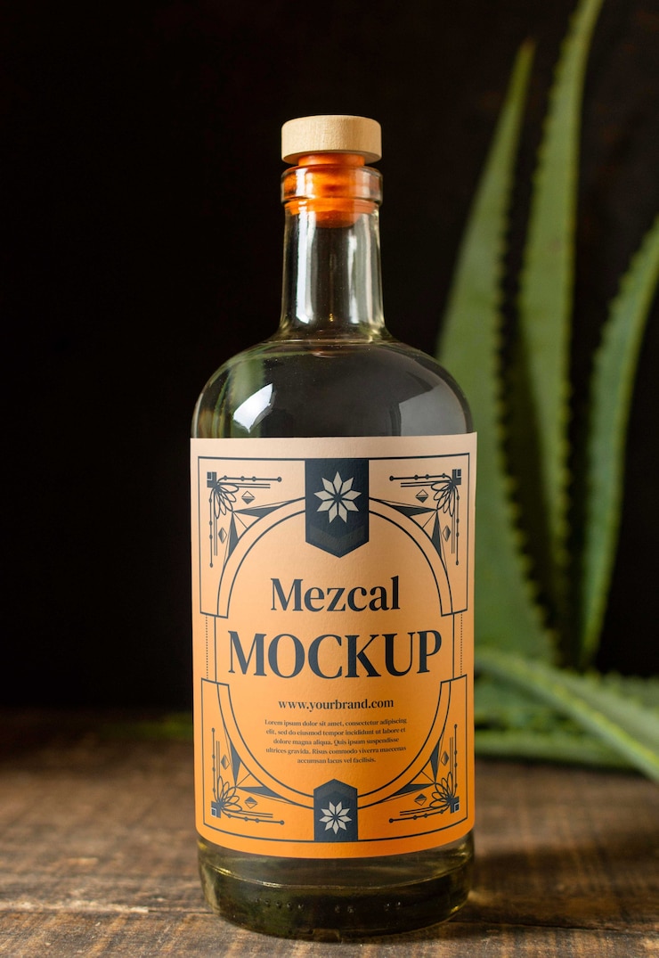 PSD bottiglia di bevanda mezcal con etichetta mock-up