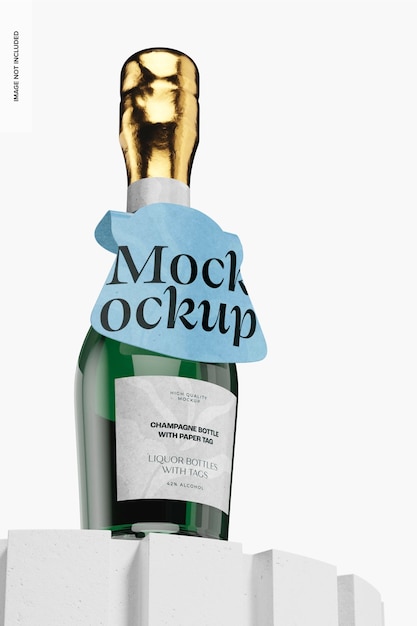 Bottiglia di champagne con etichetta di carta Mockup, Inquadratura dal basso