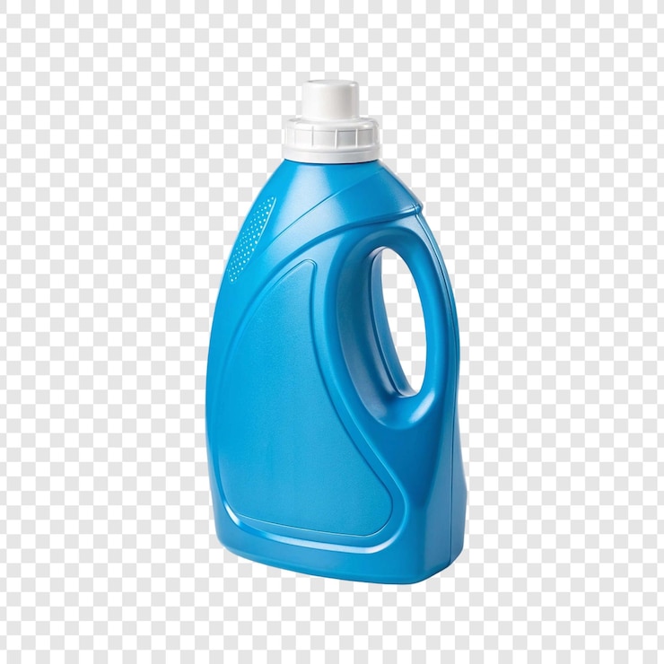 PSD bottiglia di detergente in plastica blu con tappo bianco isolato su sfondo trasparente