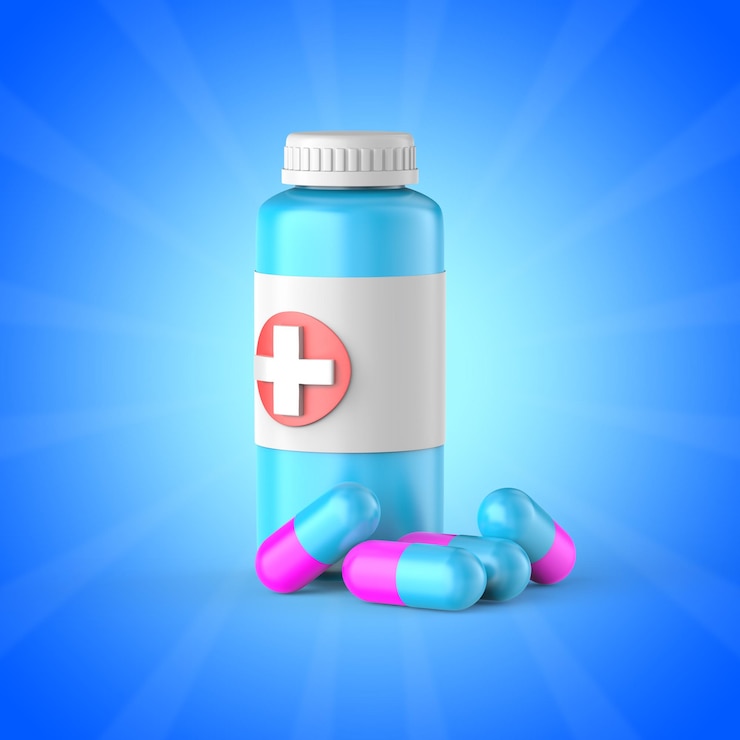 PSD bottiglia di farmaci 3d con icona di capsula