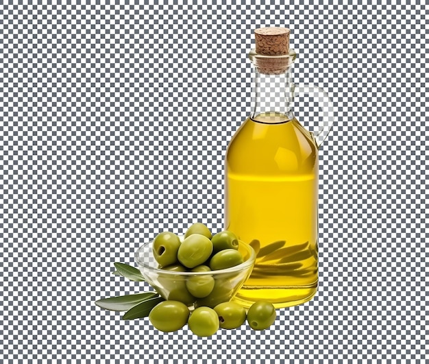 Bottiglia di olio d'oliva con olive fresche isolate su sfondo trasparente